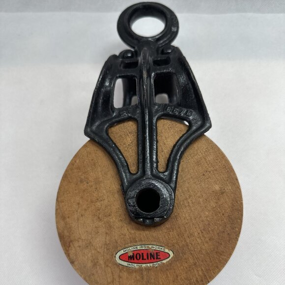 Antique Vintage Myers 857 B Cast Iron Block with Moline Ironworks Wood Wheel - Picture 6 of 7